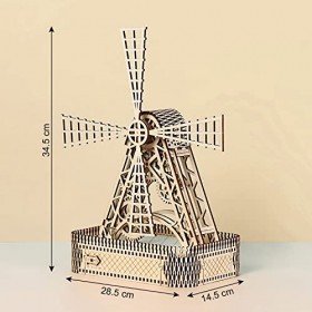 Cuteefun Puzzle en Bois 3D, Moulin à Vent en Bois Hollandais avec Boîte à Musique, Kit de Modèle Mécanique pour Adultes, Kit 