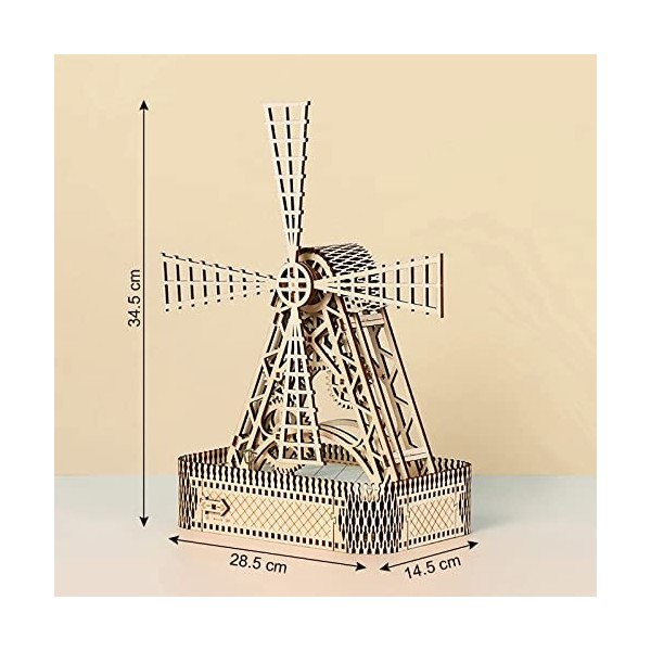 Cuteefun Puzzle en Bois 3D, Moulin à Vent en Bois Hollandais avec Boîte à Musique, Kit de Modèle Mécanique pour Adultes, Kit 