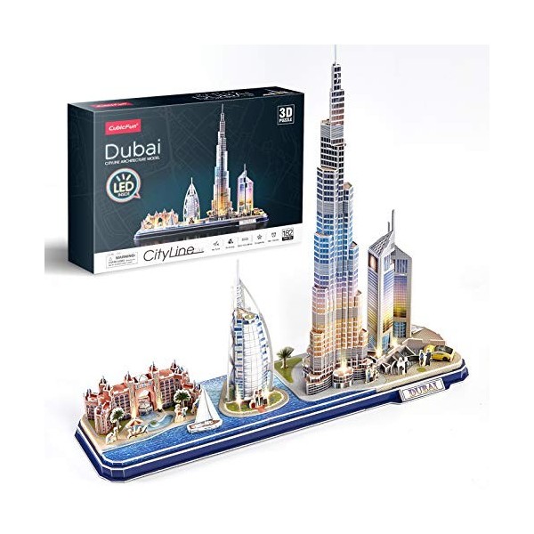 Dubaï Puzzle 3D LED CityLine - Atlantis The Palm Dubai, Burj Al Arab Jumeirah Hotel, Burj Khalifa, Emirates Towers Kits de Dé