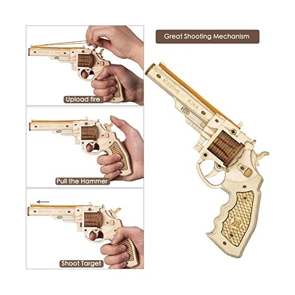 Pistolet à élastique Corsac M60 - Puzzle 3D Mécanique en Bois Rokr