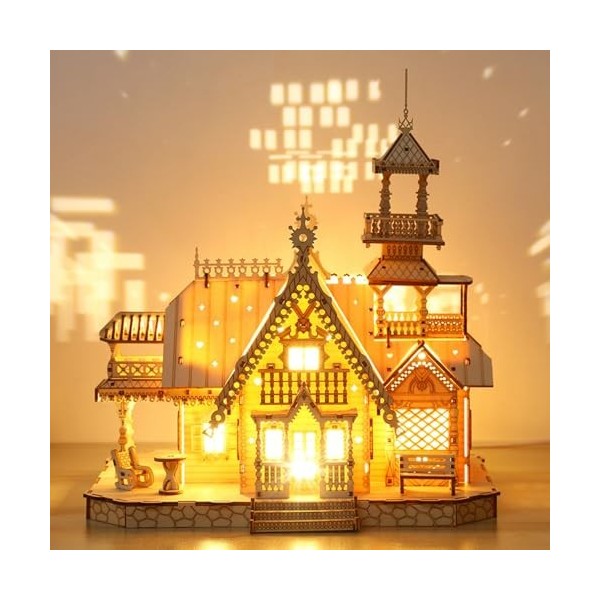 Puzzle 3D, modèle en Bois pour Adultes et Enfants, modèle de Construction de Villa rétro éclairée pour Adultes, Puzzle en Boi