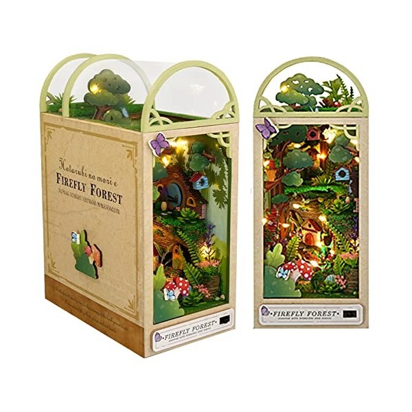 Pumpumly Kit De Coin De Livre à Faire Soi-Même – Serre-Livres Miniature en Forme De Forêt avec Lumière LED, Puzzle 3D en Bois