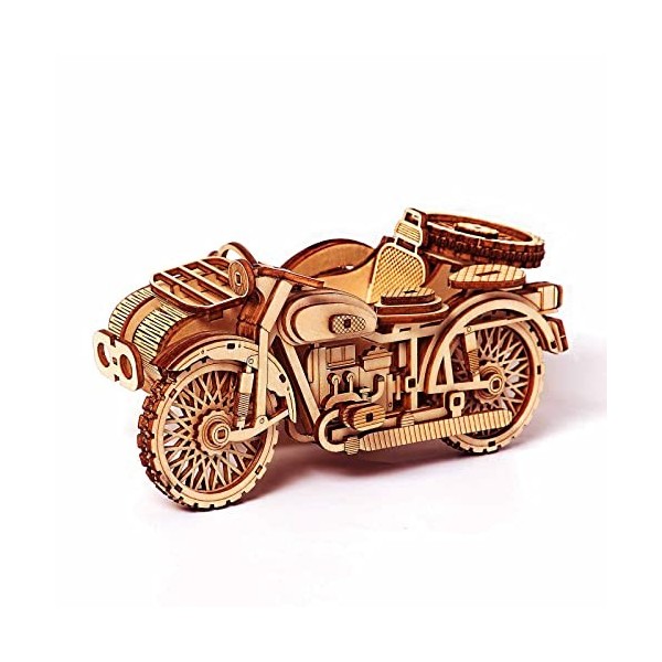 Puzzles 3D de Moto avec Side-Car - Kits de modèles en Bois de Tricycle de Moto pour Adultes à Construire - Kit de modèles de 