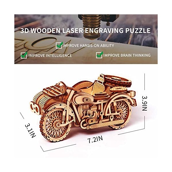 Puzzles 3D de Moto avec Side-Car - Kits de modèles en Bois de Tricycle de Moto pour Adultes à Construire - Kit de modèles de 