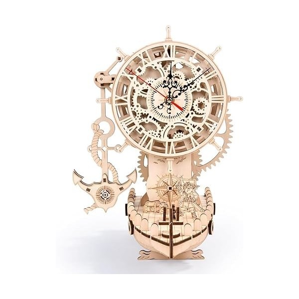 dewdat Kit De Modèle Dhorloge De Bureau Dhorloge De Bateau De Pirate De Puzzle en Bois 3D, Construire Kit Dhorloge Mécaniq