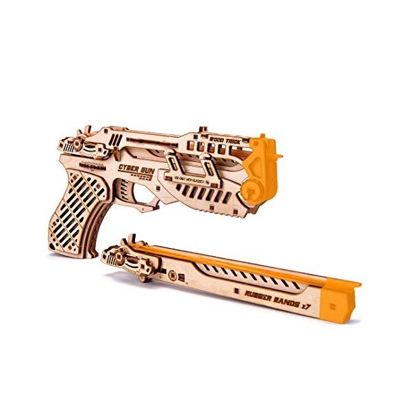 Wood Trick Cyber Gun 3D Wooden Puzzle - Rubber Band Gun Pistol - Shoots up to 20 feet - Wood Model Kit for Adults and Kids to