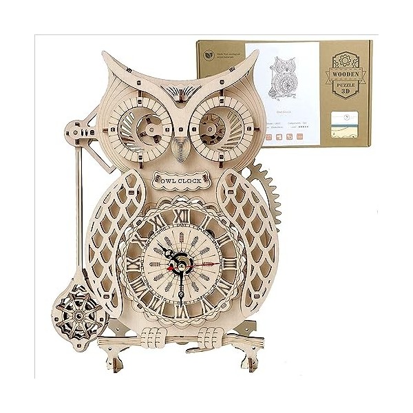 ACROPAQ - Horloge Hibou - Puzzle en Bois 3D - Kit Maquette Bois 3D - Pas Besoin de Colle - Horloge Hibou Bois - Puzzle 3D Adu