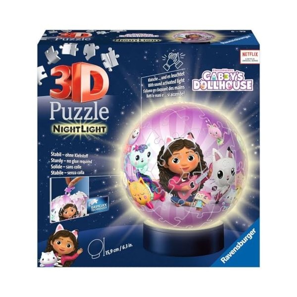 Ravensburger - Puzzle 3D Ball illuminé - Gabbys Dollhouse - A partir de 6 ans - 72 pièces numérotées à assembler sans colle 