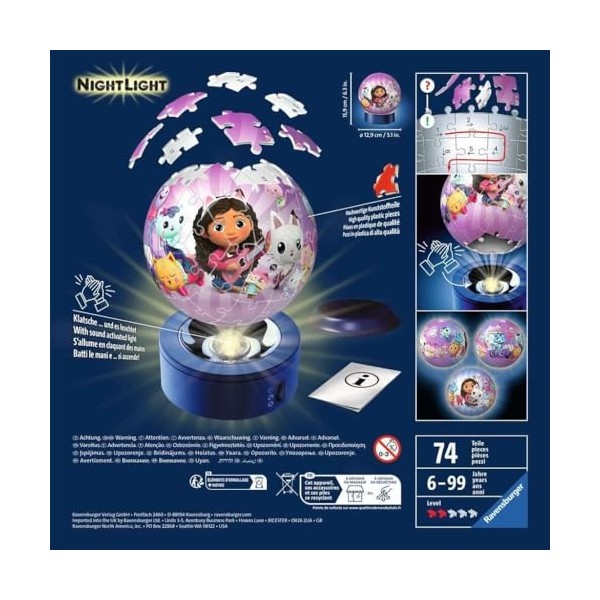 Ravensburger - Puzzle 3D Ball illuminé - Gabbys Dollhouse - A partir de 6 ans - 72 pièces numérotées à assembler sans colle 