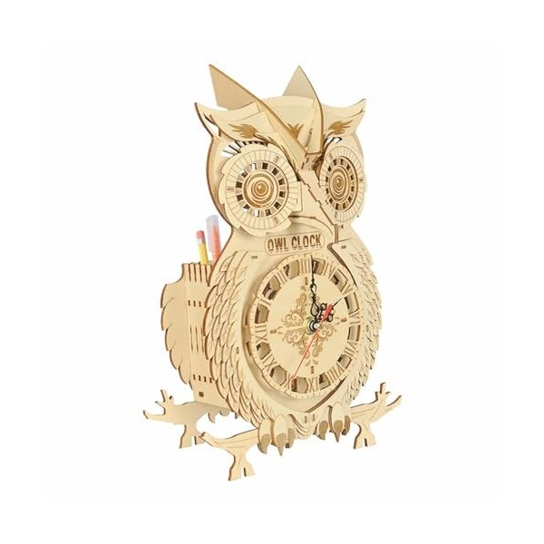 Cuteefun Maquette en Bois a Construire pour Adulte, Puzzle 3D Horloge Hibou Trousse à Crayons Puzzle en Bois en 3D à Monter, 