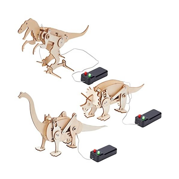 INFUNLY 3PCS 3D Dinosaure en Bois Kit DIY STEM Puzzle Moteur Électrique Marche en Bois Trex Modèle Kit pour Adultes Robot Édu