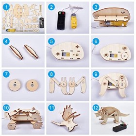INFUNLY 3PCS 3D Dinosaure en Bois Kit DIY STEM Puzzle Moteur Électrique Marche en Bois Trex Modèle Kit pour Adultes Robot Édu