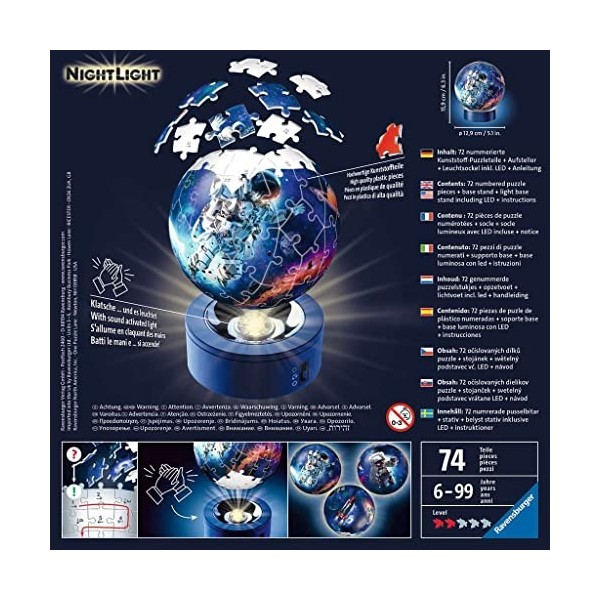 Ravensburger - Puzzle 3D Ball illuminé - Les astronautes - A partir de 6 ans - 72 pièces numérotées à assembler sans colle - 
