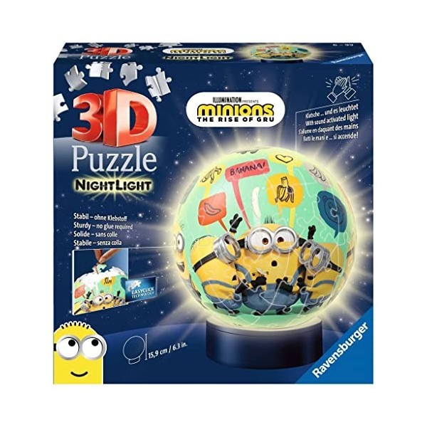 Ravensburger - Puzzle 3D Ball illuminé - Minions 2 - A partir de 6 ans - 72 pièces numérotées à assembler sans colle - Socle 