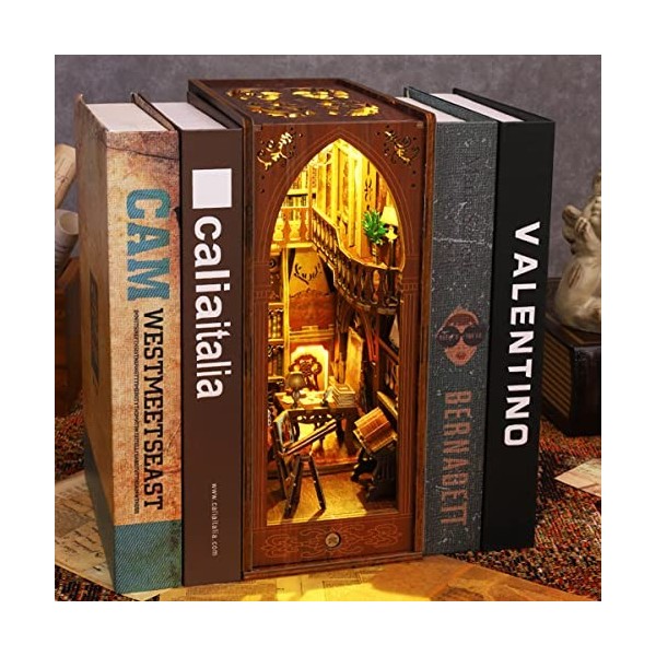 Puzzle 3D Bois Kit de Coin de Livre Bricolage Maquette de Maison Book Nook avec Capteur deLumière LED pour Étagère Serre-Livr