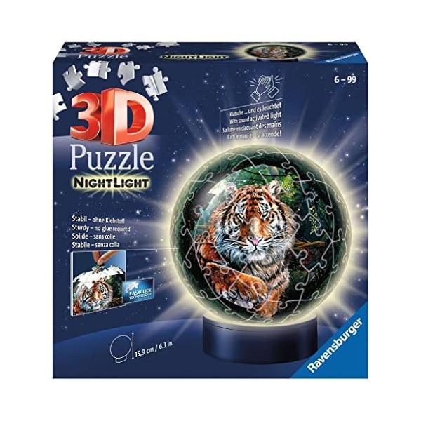 Ravensburger - Puzzle 3D Ball illuminé - Les grands félins - A partir de 6 ans - 72 pièces numérotées à assembler sans colle 