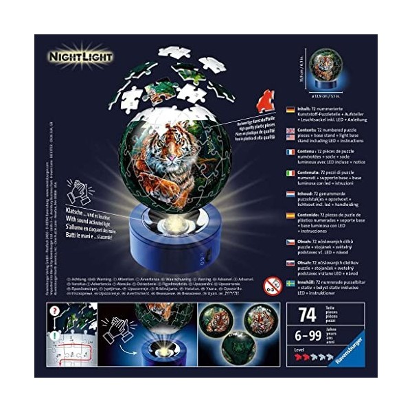 Ravensburger - Puzzle 3D Ball illuminé - Les grands félins - A partir de 6 ans - 72 pièces numérotées à assembler sans colle 