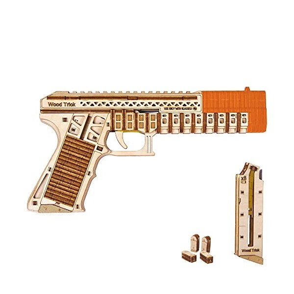 Wood Trick Defenders Gun 3D Puzzles en Bois pour Adultes et Enfants à Construire - Tire jusquà 4 mètres - 2 Chargeurs - Kits