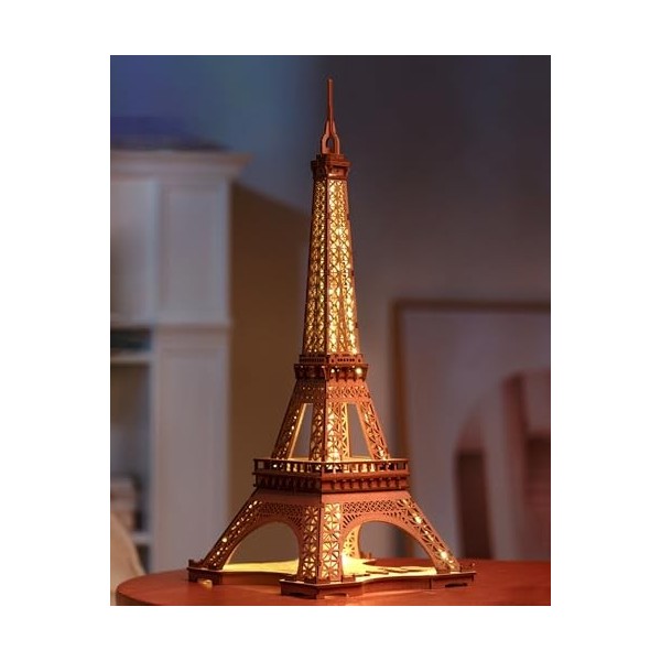 ROBOTIME Puzzle 3D LED Maquette de Tour Eiffel en Bois - Architecture Maquette en Bois a Construire Adulte - Construction Cad