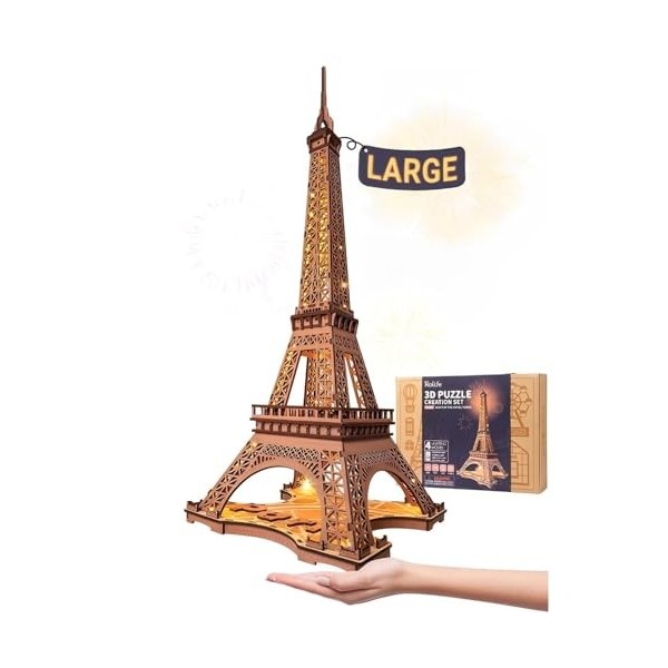 Rolife Tour Eiffel avec lumière - Puzzle en bois 3D - Décoration de bureau - Cadeau pour adolescents et adultes