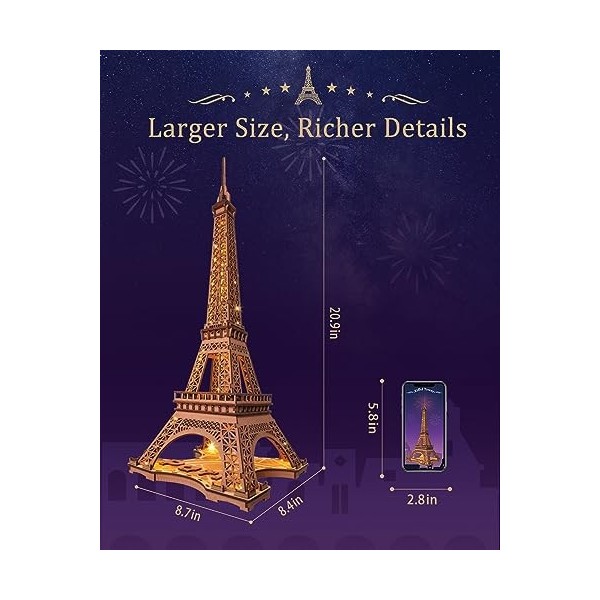 Rolife Tour Eiffel avec lumière - Puzzle en bois 3D - Décoration de bureau - Cadeau pour adolescents et adultes