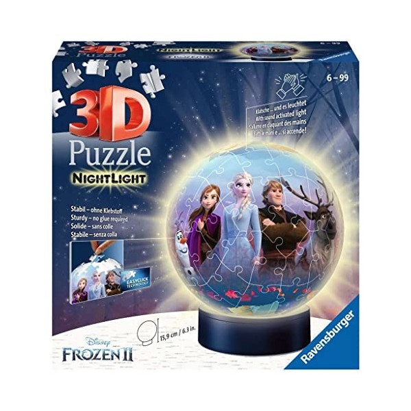 Ravensburger - Puzzle 3D Ball illuminé - Disney La Reine des Neiges 2 - A partir de 6 ans - 72 pièces numérotées à assembler 