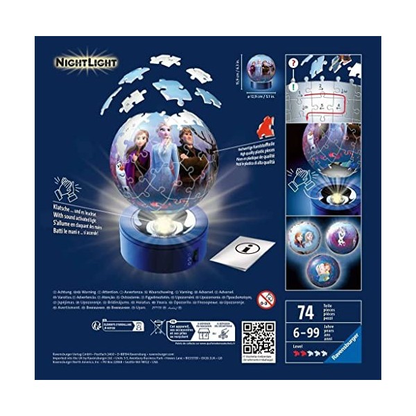 Ravensburger - Puzzle 3D Ball illuminé - Disney La Reine des Neiges 2 - A partir de 6 ans - 72 pièces numérotées à assembler 