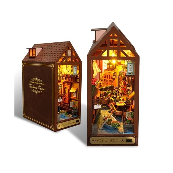 Jianyana DIY Book Nook Kit, 3D Livre Bois Serre-Livres dart avec Lumière LED Puzzle en Bois 3D pour Halloween, soirée Tranqu