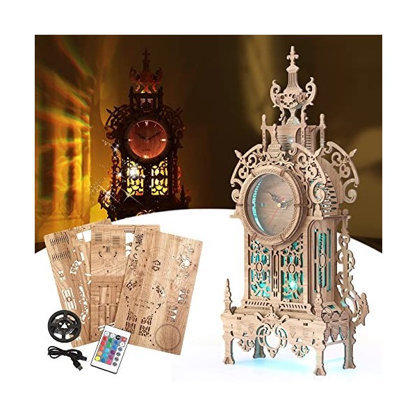 FUNPOLA Maquette en Bois à Construire Puzzle 3D LED Tour Horloge, Puzzle 3D Bois Adulte Horloge De Bureau Modèle DIY Kit avec