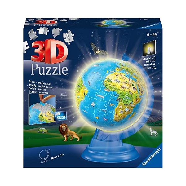 Ravensburger Globe du Monde Lumineux partir de 6 Ans-Puzzle 3D-188 pièces-Pas de Colle nécessaire-Cadeaux éducatifs pour Enfa