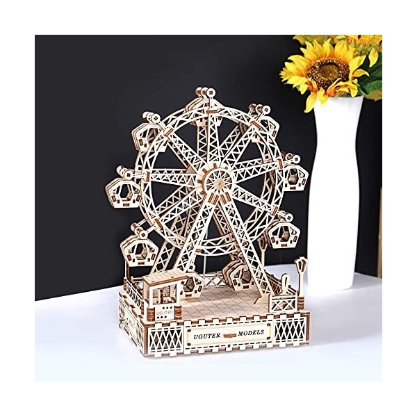 Cuteefun Maquette en Bois a Construire, Grande Roue avec Musique, Puzzle 3D Bois, Jeu de Construction en Bois Adulte, Cadeaux