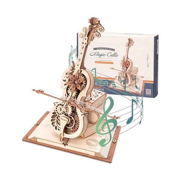 RoWood Puzzle 3D Violoncelle Magique Boîte à Musique en Bois Entraînement par Engrenage, Cadeau Maquette en Bois a Construire