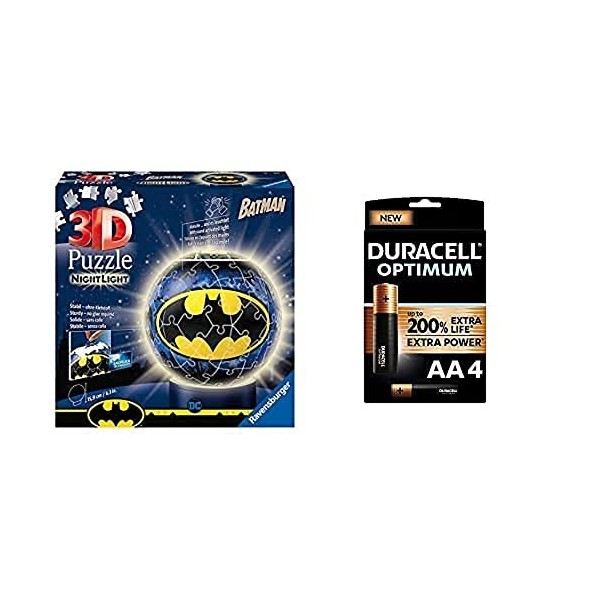 Ravensburger - Puzzle 3D Ball 72 p illuminé - Batman - 11080 + Duracell - Nouveau Piles alcalines AA Optimum, 1.5 V LR6 MX150