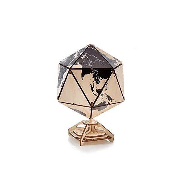 EWA Eco-Wood-Art - ICOSAHEDRAL Globe Black - Puzzle 3D mécanique en Bois - Casse-tête pour Adultes et Adolescents -à Monter