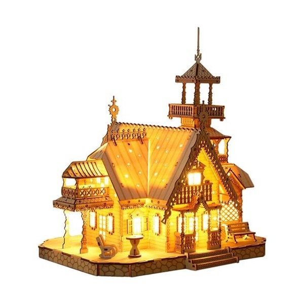 Puzzles en Bois 3D pour Enfants et Adultes, Kits de Construction de Modèles de Villas à LED, Puzzles en Bois Cadeaux pour Ado