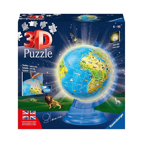 Ravensburger - 3D Puzzle Globe Night Edition avec Lumière, Apprendre la Géographie en Anglais, 180 Pièces, 6+ Ans