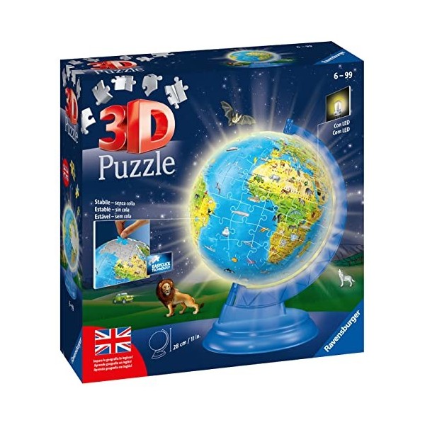 Ravensburger - 3D Puzzle Globe Night Edition avec Lumière, Apprendre la Géographie en Anglais, 180 Pièces, 6+ Ans