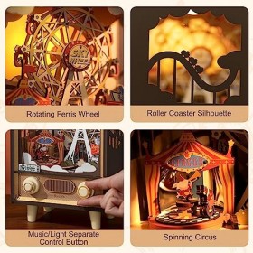 ROBOTIME 3D Puzzle en Bois Boîte à Musique Coucher de Soleil Parc dattraction pour Adultes à fabriquer avec veilleuse LED, D