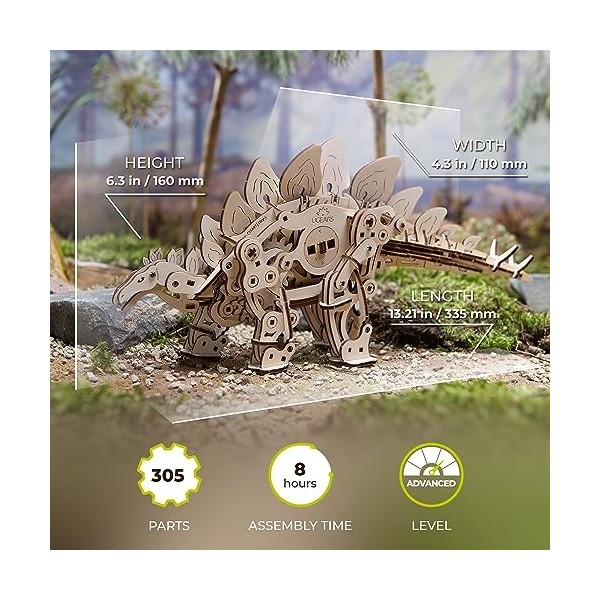 UGEARS Stégosaure Maquette en Bois à Construire - Puzzle 3D Dinosaure en Bois - Puzzle Bois 3D Mécanique avec Mouvements Auth