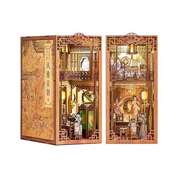 Fsolis Book Nook Kit, DIY Mini maison de poupée, avec meubles en bois et lumières LED, Puzzle en bois 3D, Inserts de Coin de 