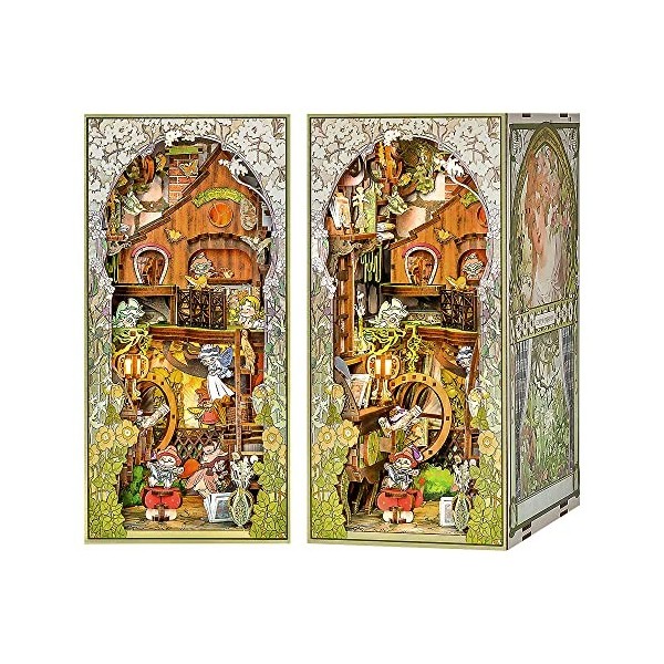 Fsolis Book Nook Kit, DIY Mini maison de poupée, avec meubles en bois et lumières LED, Puzzle en bois 3D, Inserts de Coin de 