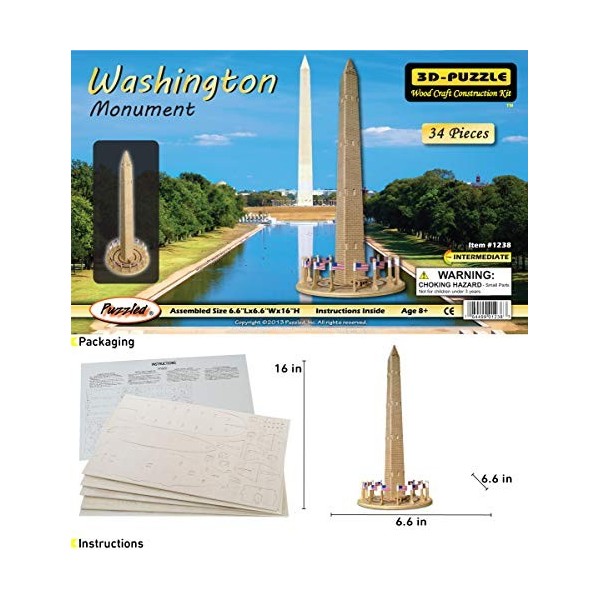 Puzzled Washington Monument 3D Natural Wood Puzzles 34 Piece by Puzzled