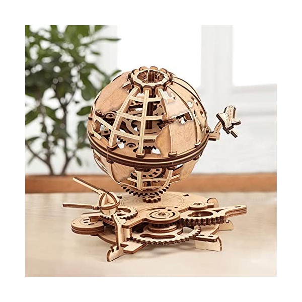 Zxqiang Puzzles 3D Globe en Bois,Kit De Construction en Bois en Rotation,Globe Mécanique,Assemblage Stéréo en Bois Créatif Br