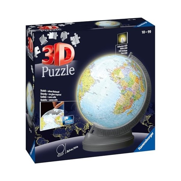 Ravensburger - Puzzle 3D Ball éducatif - Globe terrestre lumineux - A partir de 10 ans - 540 pièces numérotées à assembler sa