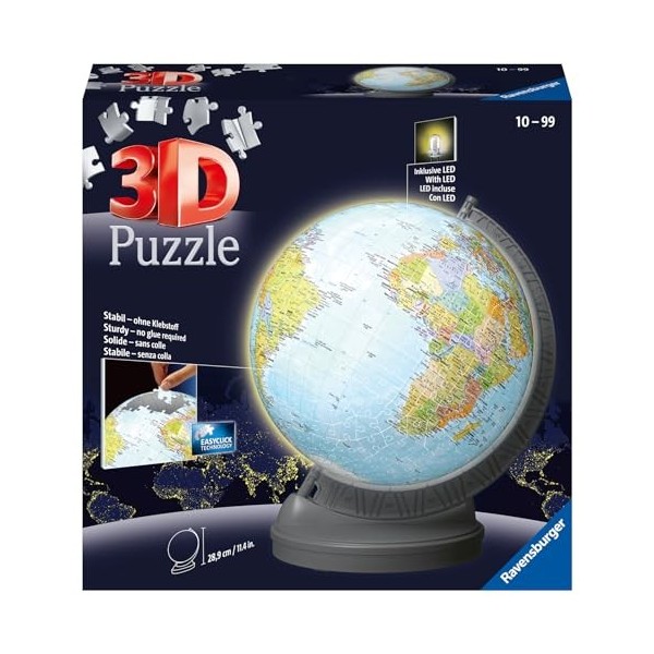 Ravensburger - Puzzle 3D Ball éducatif - Globe terrestre lumineux - A partir de 10 ans - 540 pièces numérotées à assembler sa