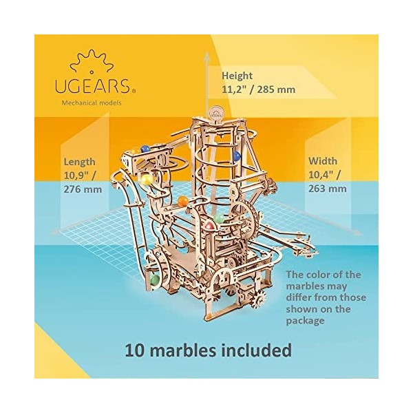 UGEARS Marble Run Spiral Hoist - Quatrième piste de marbre en bois Kit de modèle de puzzle 3D avec billes de verre colorées -