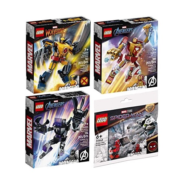 Lego Lot de 4 figurines : 76202 Wolverine Mech, 76203 Iron Man Mech, 76204 Black Panther Mech & 30443 Spider-Mans