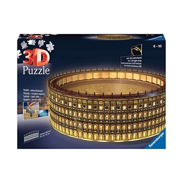 Ravensburger - Puzzle 3D Building - Colisée illuminé - A partir de 8 ans - 216 pièces numérotées à assembler sans colle - Acc