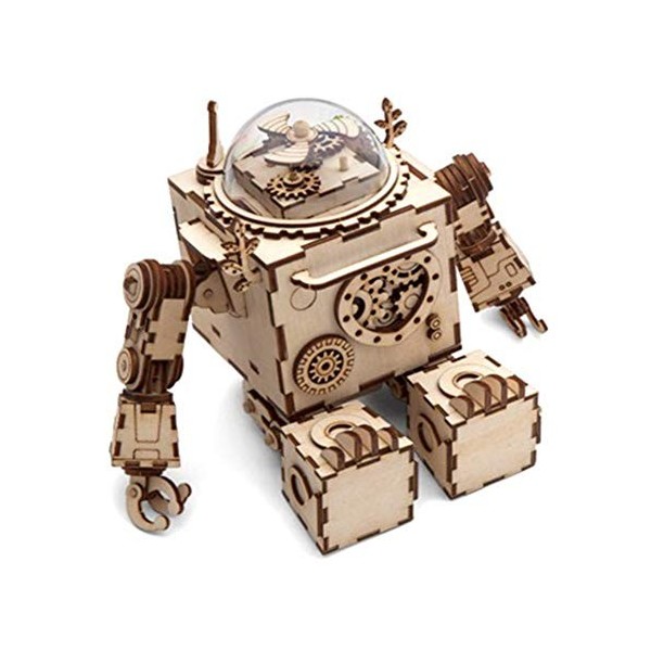 HIZQ Puzzle 3D, ModÈLe 3D en Bois Boîte À Musique Robot Puzzle A Encastrement Adulte Miniature MÉCanique, Jeu Educatif Enfant