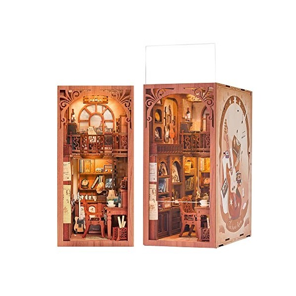 Fsolis DIY Book Nook Kit-Maison de Poupées Miniatures Puzzle 3D Livre Bois Serre-Livres dart avec Lumière LED et Feuille de 